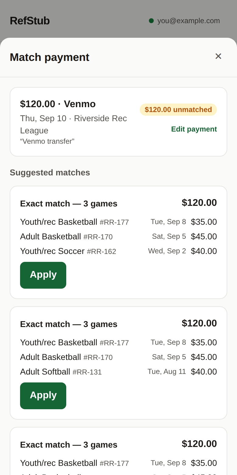 Matching one payment to the games it covers